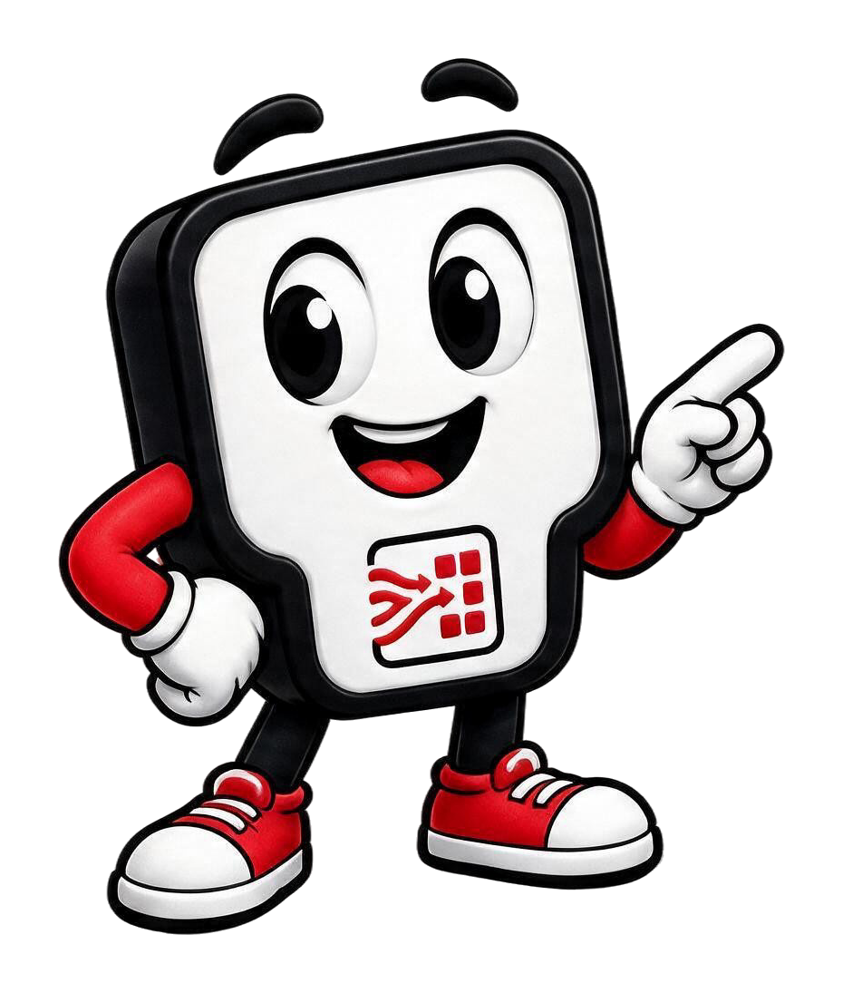 The FlowGen mascot at the lower-left of the dashboard, pointing into the generated interface.