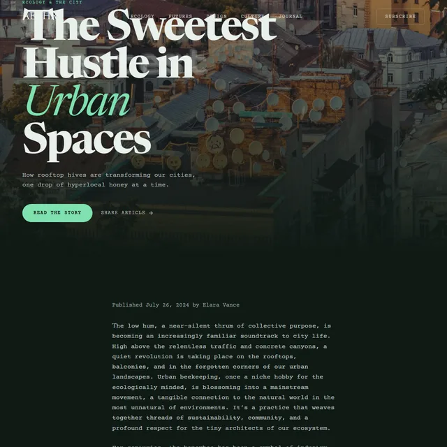 AETHR magazine article: 'The Sweetest Hustle in Urban Spaces' over a rooftop photograph, with the story below.