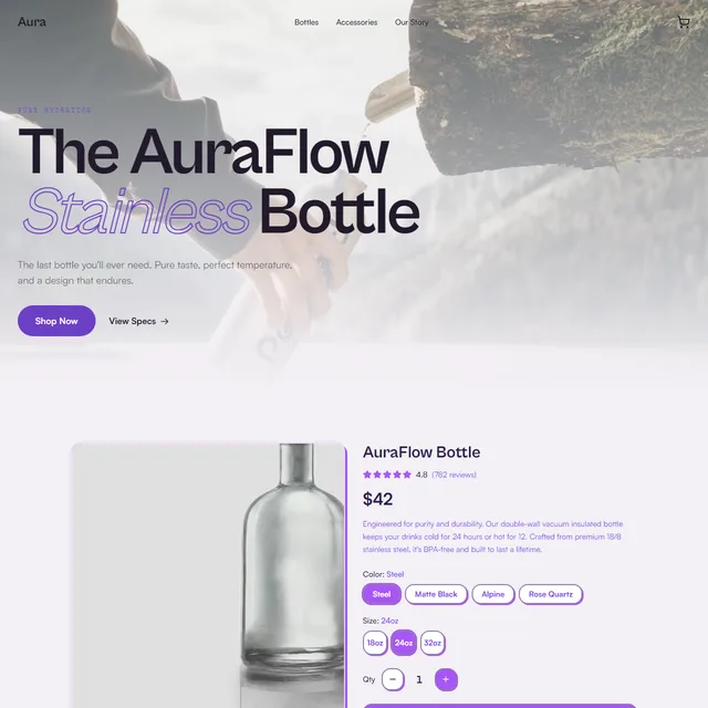 Aura product page: 'The AuraFlow Stainless Bottle' over a photograph, with price, rating and a Shop Now action.