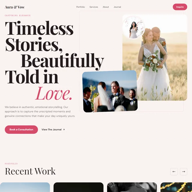 Aura & Vow portfolio landing page: 'Timeless Stories, Beautifully Told in Love' beside overlapping wedding photographs.
