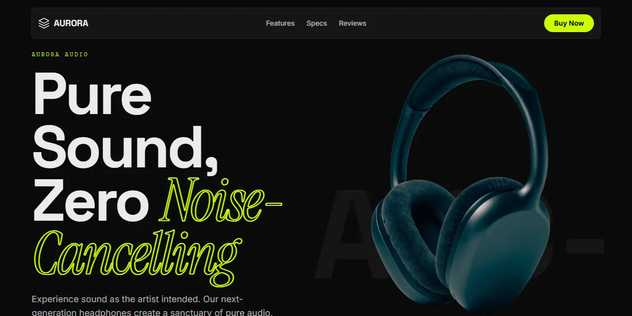 Aurora ANC-1 product page: oversized headline beside a single large photograph of dark headphones, with an Order Now action.