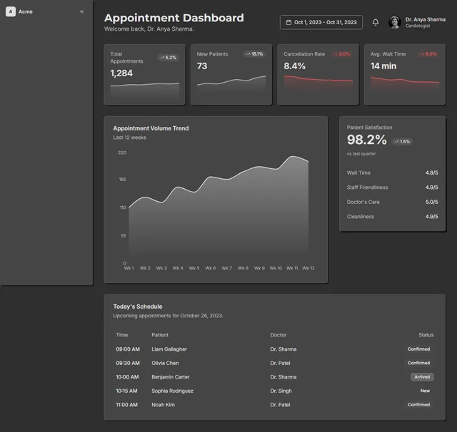 A dark clinic dashboard: appointment totals, a volume trend chart, satisfaction scores and today's schedule.