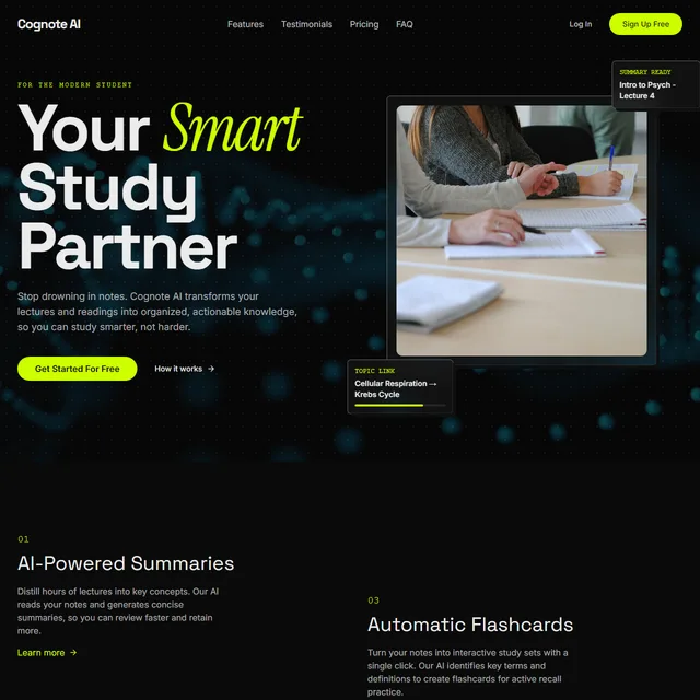 Cognote AI landing page: 'Your Smart Study Partner' on a dark ground beside a photograph of students and a notes panel.