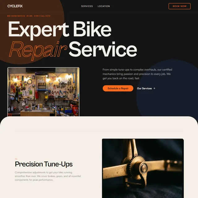 CycleFix landing page: 'Expert Bike Repair Service' beside a workshop photograph, with a Schedule a Repair action.