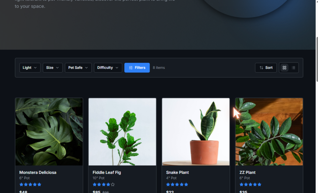 Generated Fern & Frond plant catalog — filter bar for light, size and pet-safety above a product grid with photos, ratings, and prices