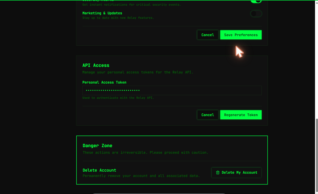 Generated Relay settings screen — masked API access token with regenerate action and a danger zone, in a green-on-black terminal theme