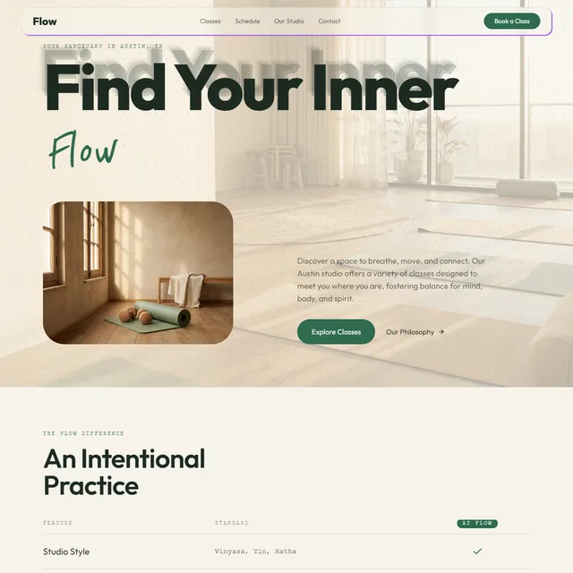 Flow yoga studio landing page: 'Find Your Inner Flow' over a sunlit studio photograph, with a Book a Class action.