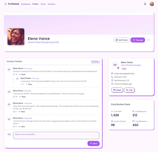 ProfileHub profile page: avatar header for Elena Vance, an activity timeline and contribution statistics.
