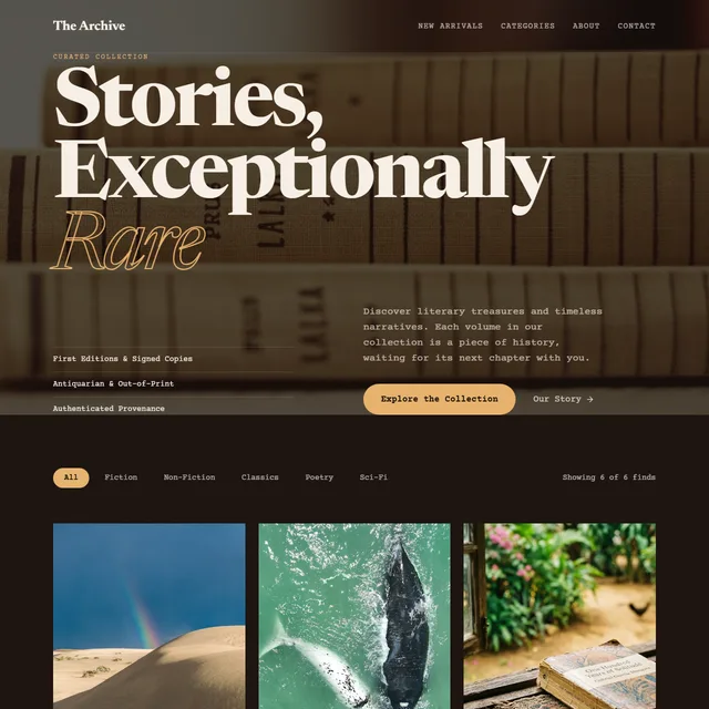 The Archive browse page: 'Stories, Exceptionally Rare' over a library photograph, with category filters and book cards below.