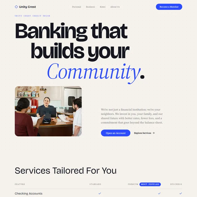 Unity Crest landing page: 'Banking that builds your Community' above a photograph of staff with a member.