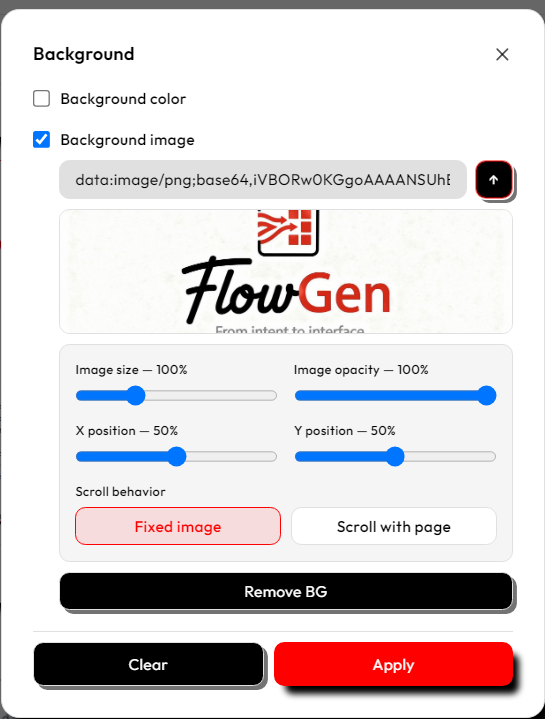 The Background panel with an uploaded image, size/opacity/position sliders, fixed-or-scroll toggle, and Remove BG