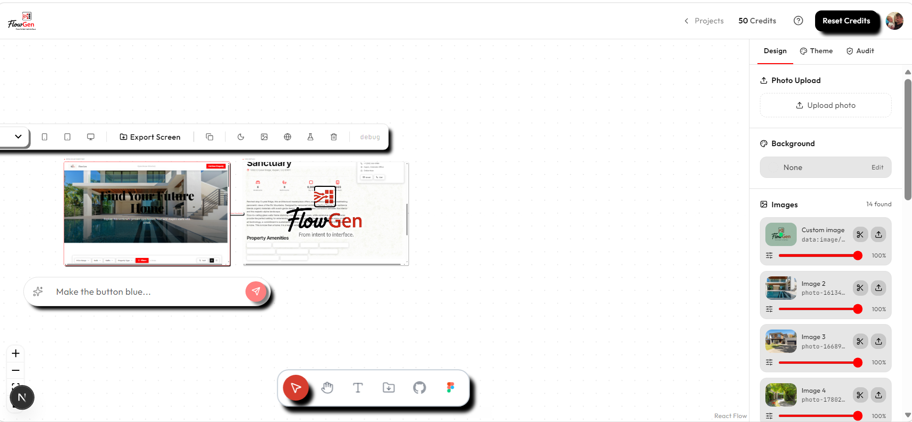 The builder canvas with the design sidebar listing every image on the screen, all at 100% opacity