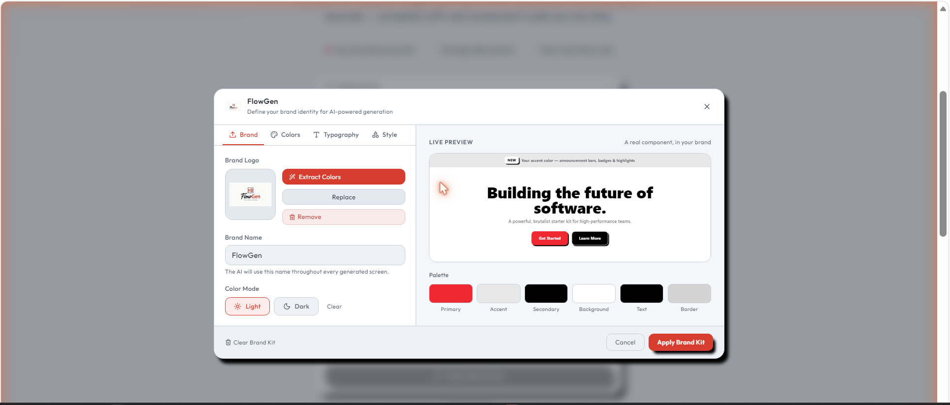 The Brand Kit modal with the FlowGen logo uploaded, extract-colors control, live component preview, and extracted palette