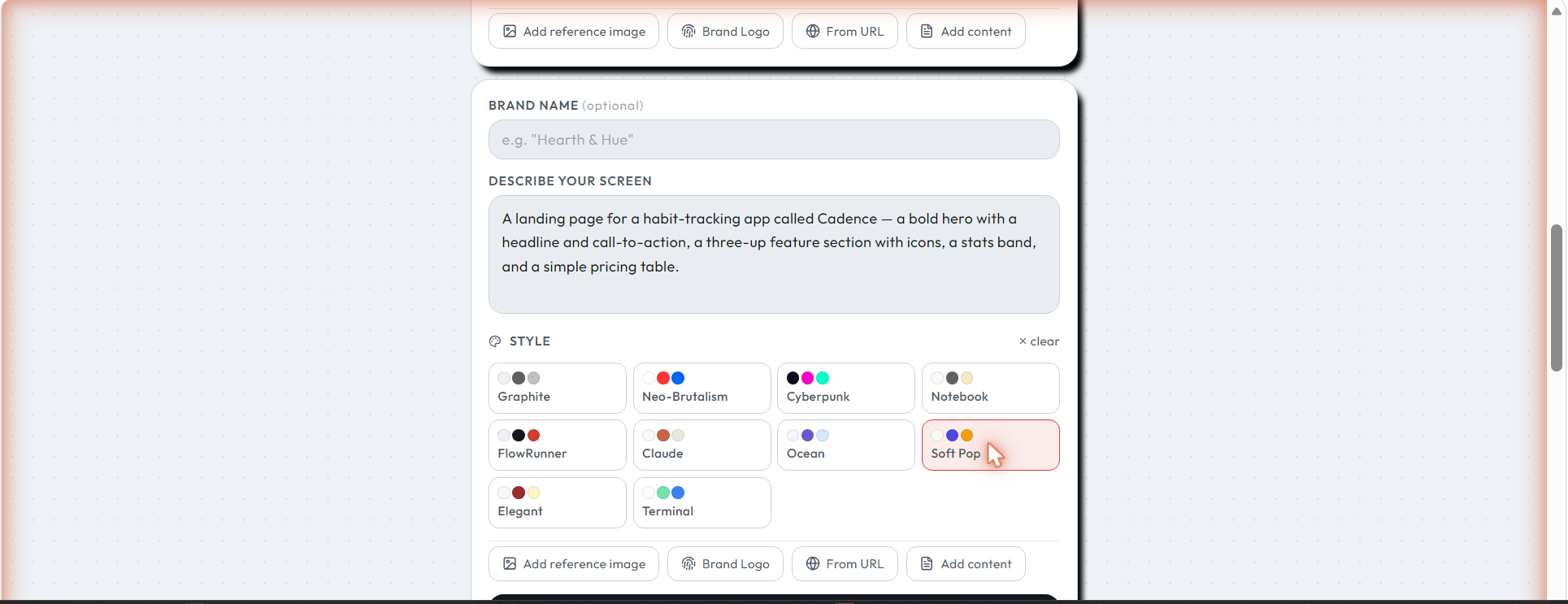 The describe-your-screen prompt with a habit-tracking landing page described and the Soft Pop theme selected