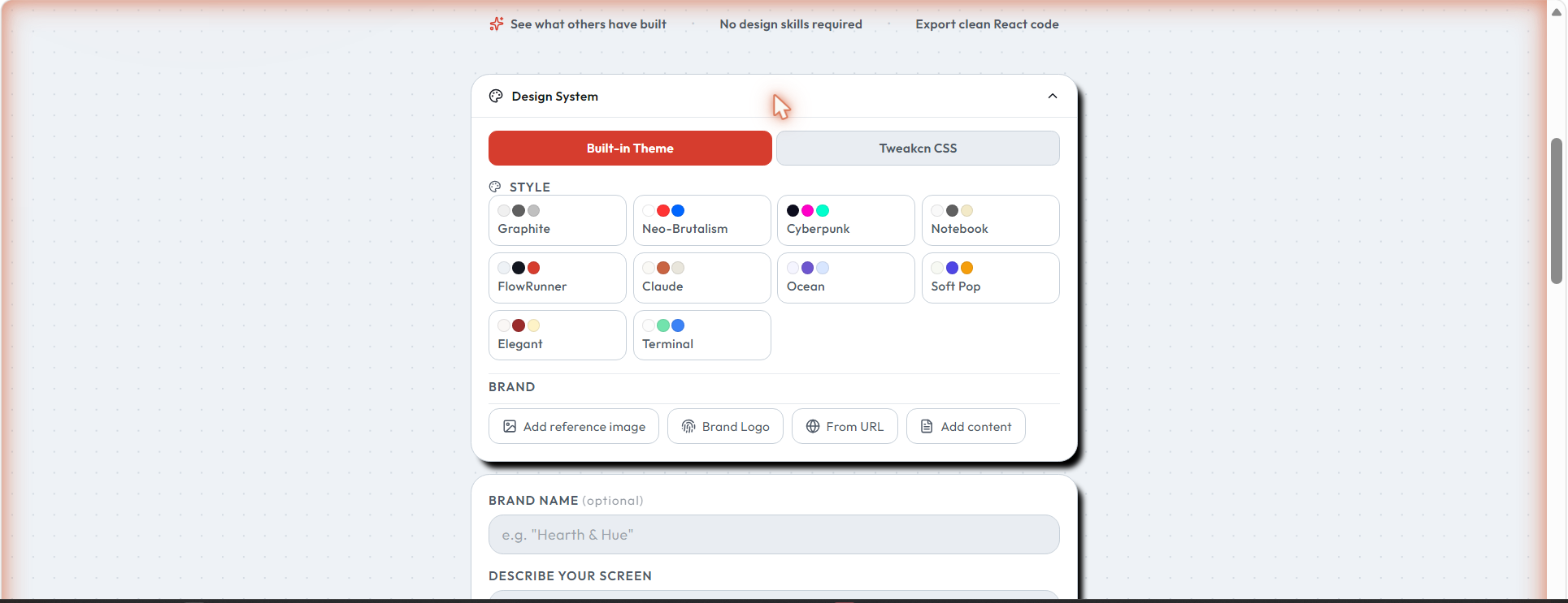 The design system panel with ten built-in themes and the Tweakcn CSS import tab