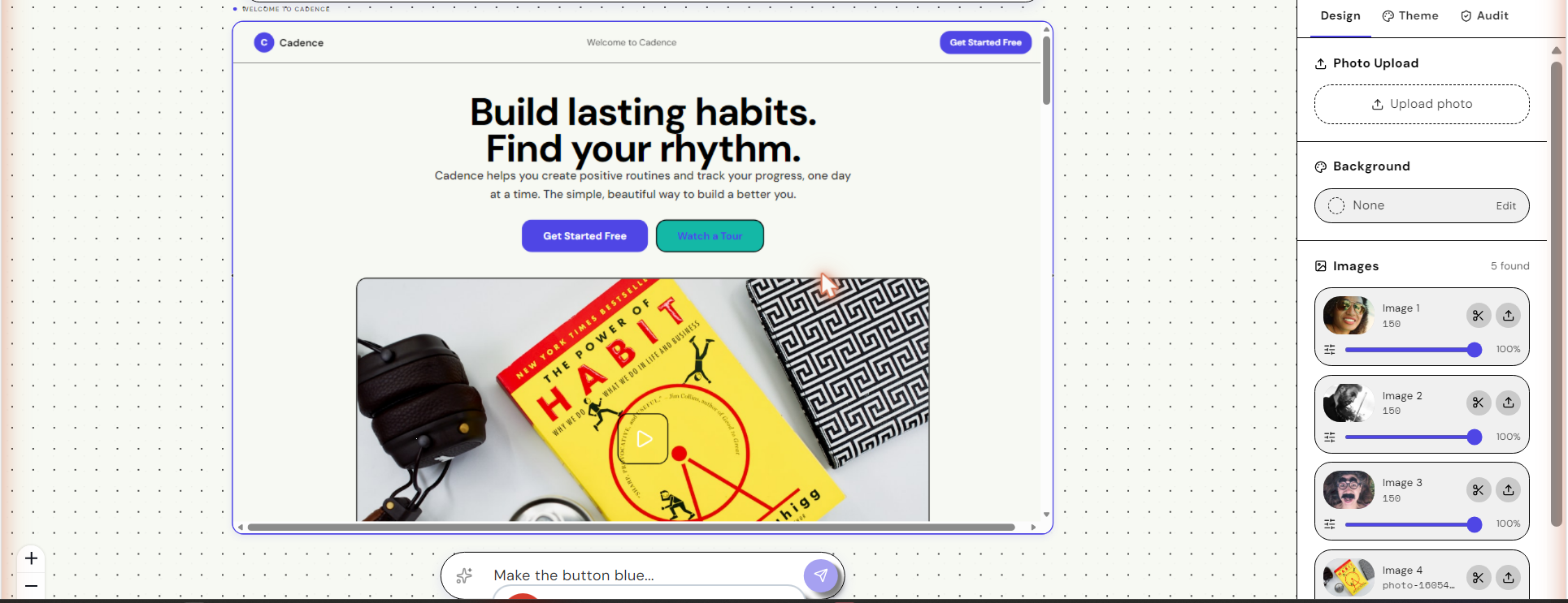 A fully generated Cadence landing page rendered in the builder with the design panel beside it