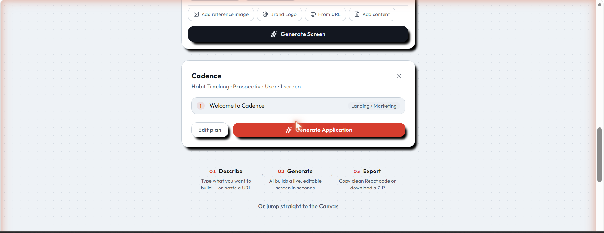 The application plan card showing Cadence, habit tracking, one screen typed Landing / Marketing